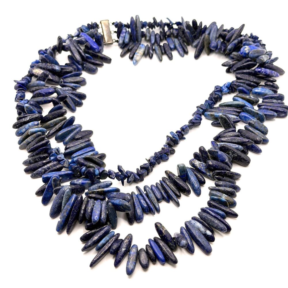 Vintage 90s Blue Lapis Lazuli Western Triple Strand Tusk Necklace